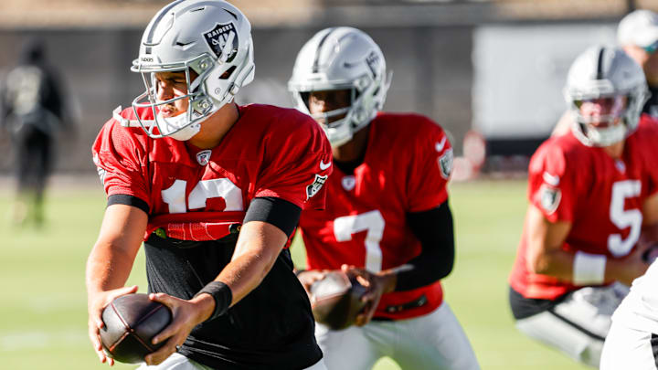 Las Vegas Raiders QBs Aidan O'Connell, Geno Smith, and Cam Miller Las Vegas Raiders QBs Aidan O'Connell, Geno Smith, and Cam Miller