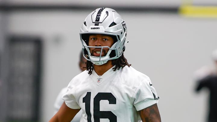 Las Vegas Raiders WR Jakobi Meyers at practice one day after asking GM John Spytek for a trade.