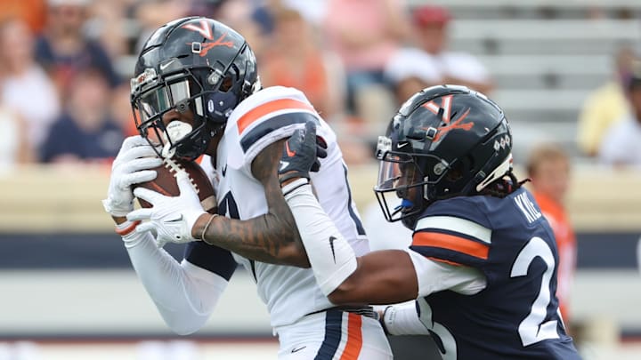 Jr Wilson makes a catch during the Virginia football spring game at Scott Stadium. Jr Wilson makes a catch during the Virginia football spring game at Scott Stadium.