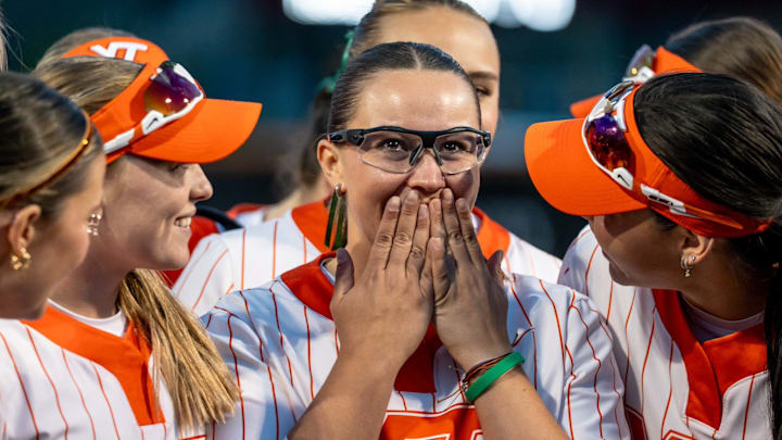 Virginia Tech softball's Emma Lemley is presented with an AUSL golden ticket on April 13, 2025.