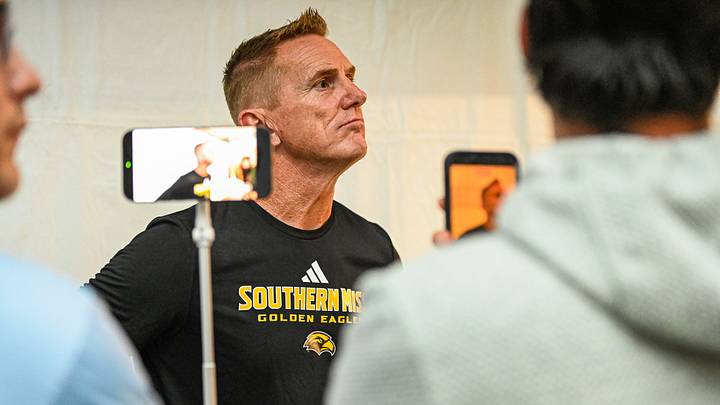 Coach Anderson fielding questions from members of the media after Southern Miss' 24-21 defeat at Yulam Stadium. 