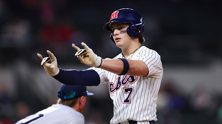 Ole Miss Rebels third baseman Luke Hill during the Rebels' 2-1 win over Arizona on Feb. 14, 2025 at Globe Life Field in Arlington, Texas.