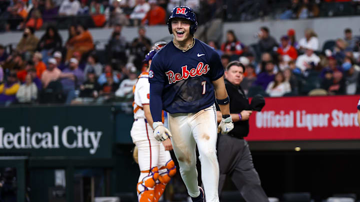 Ole Miss infielder Luke Hill reacts after hitting a home run against Clemson in the Shriners Children's College Showdown in Arlington, Texas.