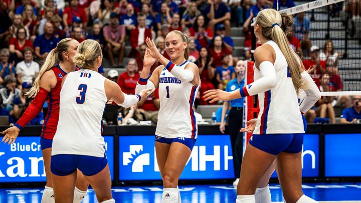 Kansas broke the program record for most consecutive set wins at 24. Kansas broke the program record for most consecutive set wins at 24.