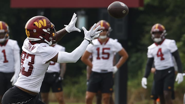 Jul 27, 2023; Ashburn, VA, USA; Washington Commanders wide receiver Kyric McGowan (83) attempts to catch a pass on day two of Commanders training camp at OrthoVirginia Training Center. Mandatory Credit: Geoff Burke-USA TODAY Sports