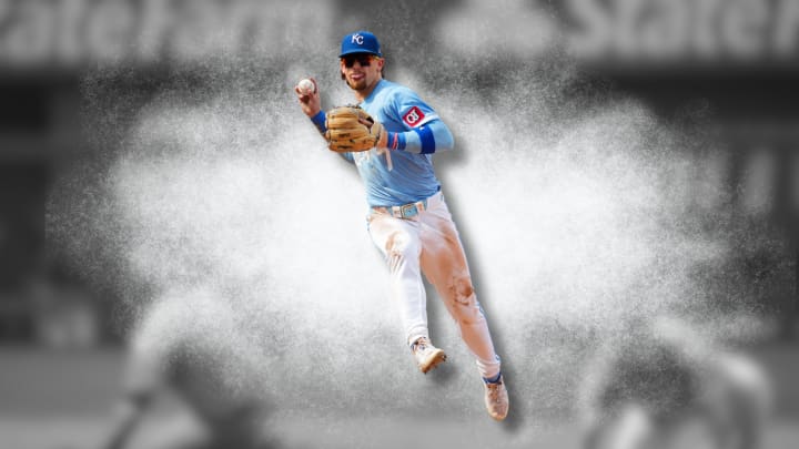 Jun 1, 2024; Kansas City, Missouri, USA; Kansas City Royals shortstop Bobby Witt Jr. (7) throws to first base after forcing out San Diego Padres third baseman Manny Machado (13) during the fifth inning at Kauffman Stadium. 