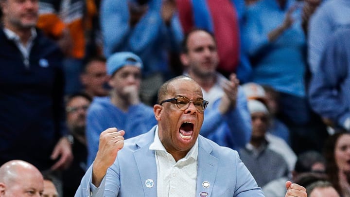 North Carolina head coach Hubert Davis reacts to a play against Michigan State during the first half of the NCAA tournament West Region second round at Spectrum Center in Charlotte, N.C. on Saturday, March 23, 2024.