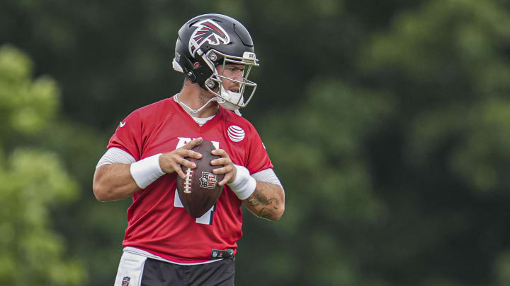 Atlanta Falcons quarterback Taylor Heinicke's roster spot may be in jeopardy. Atlanta Falcons quarterback Taylor Heinicke's roster spot may be in jeopardy.