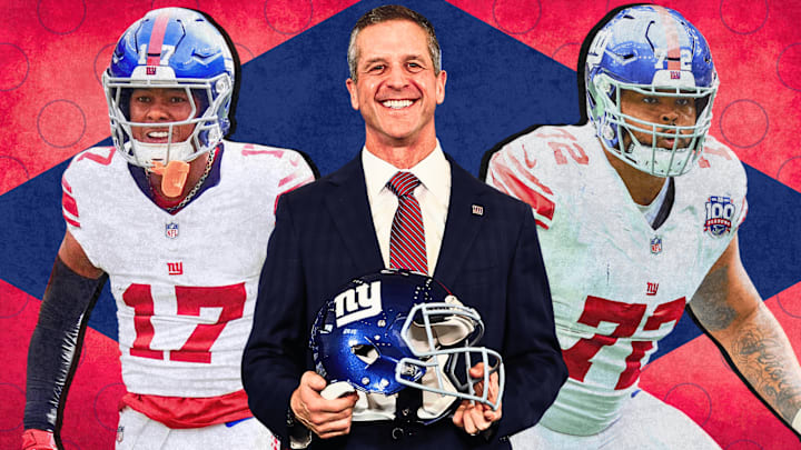 New York Giants head coach John Harbaugh, wide receiver Wan'Dale Robinson, offensive tackle Jermaine Eluemunor
