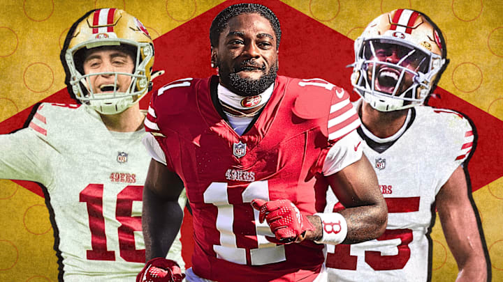 Eddy Pineiro (L), Brandon Aiyuk (M), and Jauan Jennings (R)