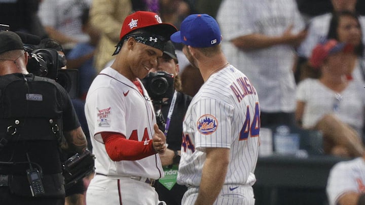 Jul 12, 2021; Denver, CO, USA; Washington Nationals right fielder Juan Soto greets New York Mets first baseman Pete Alonso during the 2021 MLB Home Run Derby. Mandatory Credit: Isaiah J. Downing-Imagn Images