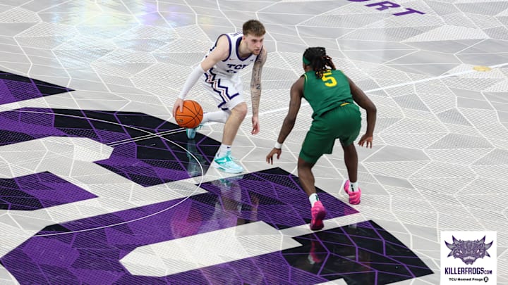 Brock Harding handles the ball in TCU's 69-63 win over Baylor on Saturday, January 3, 2026.