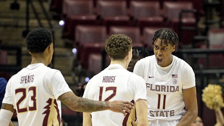 Jan 3, 2024; Tallahassee, Florida, USA; Florida State Seminoles forward Baba Miller (11) reacts