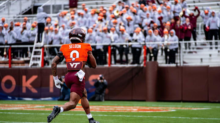 Virginia Tech receiver Cameron Seldon walks his way to a touchdown during the Hokies' spring game. Virginia Tech receiver Cameron Seldon walks his way to a touchdown during the Hokies' spring game.