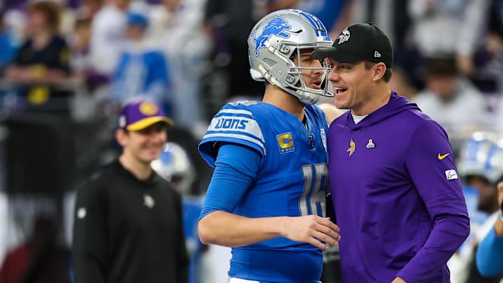 Dec 24, 2023; Minneapolis, Minnesota, USA; Minnesota Vikings head coach Kevin O'Connell and Detroit Lions quarterback Jared Goff (16) talk before the game at U.S. Bank Stadium.