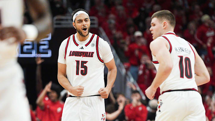 Louisville Cardinals center Aly Khalifa (15) celebrates after scoring a three-point shot against Duke Tuesday night at KFC Yum Center January 6, 2026.