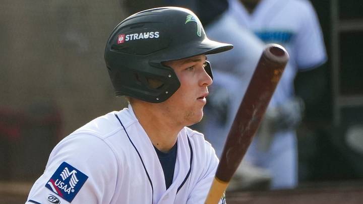 Blue Rocks infielder Eli Willits hits against the Frederick Keys, June 23, 2026 at Frawley Stadium.