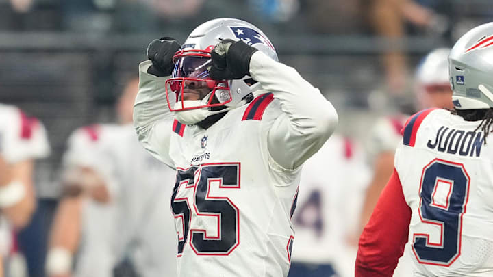 Dec 18, 2022; Paradise, Nevada, USA; New England Patriots linebacker Josh Uche (55) celebrates after getting a sack against the Las Vegas Raiders during the second half at Allegiant Stadium. Mandatory Credit: Stephen R. Sylvanie-Imagn Images
