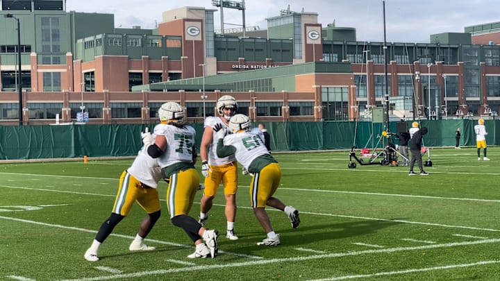 Green Bay Packers offensive linemen Zach Tom (50) and Sean Rhyan at practice on Wednesday, Nov. 13.