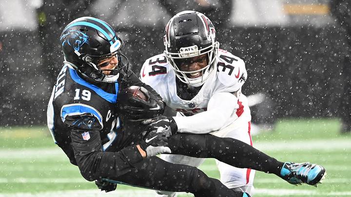Atlanta Falcons CB Clark Phillips III tackles Carolina Panthers WR Adam Thielen. Mandatory Credit: Bob Donnan-USA TODAY Sports Atlanta Falcons CB Clark Phillips III tackles Carolina Panthers WR Adam Thielen. Mandatory Credit: Bob Donnan-USA TODAY Sports