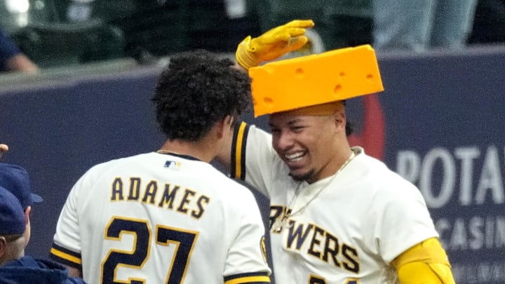 Apr 24, 2023; Milwaukee, Wisconsin, USA; Milwaukee Brewers catcher William Contreras (24) celebrate