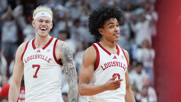 Louisville Cardinals guard Mikel Brown Jr. (0) was unfazed after he scored 45 points with 10-for-16 3-point shooting as the Cards roll past NC State 118-77 at the KFC Yum! Center in downtown Louisville February 9, 2026.