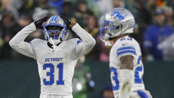 Nov 3, 2024; Green Bay, Wisconsin, USA; Detroit Lions safety Kerby Joseph (31) reacts after safety Brian Branch is ejected from a game against the Green Bay Packers at Lambeau Field. Mandatory Credit: Tork Mason-Imagn Images Nov 3, 2024; Green Bay, Wisconsin, USA; Detroit Lions safety Kerby Joseph (31) reacts after safety Brian Branch is ejected from a game against the Green Bay Packers at Lambeau Field. Mandatory Credit: Tork Mason-Imagn Images