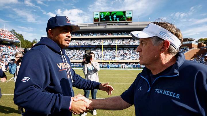 Tony Elliott and Bill Belichick briefly interact postgame Oct. 25, 2025. Tony Elliott and Bill Belichick briefly interact postgame Oct. 25, 2025.