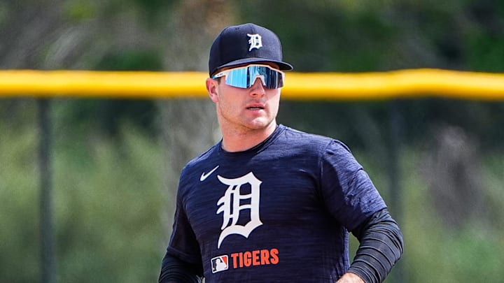 Detroit Tigers prospect Kevin McGonigle practices during spring training at TigerTown in Lakeland on Friday, Feb. 20, 2025.