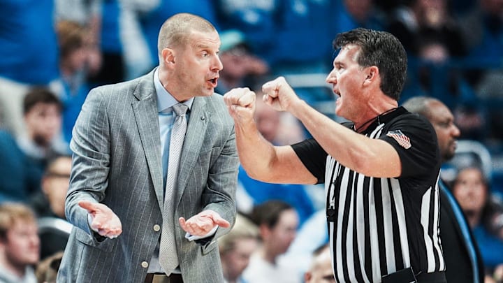 Kentucky Wildcats head coach Mark Pope argues with an official during game against the Missouri Tigers