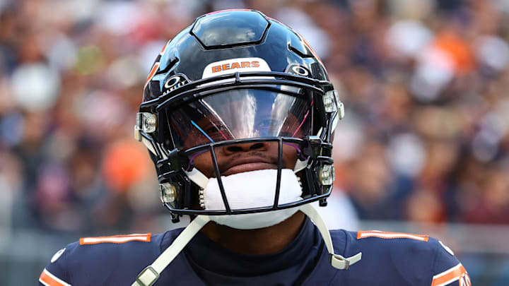 Nov 10, 2024; Chicago, Illinois, USA; Chicago Bears wide receiver DeAndre Carter (11) reacts after a play against the New England Patriots during the second half at Soldier Field
