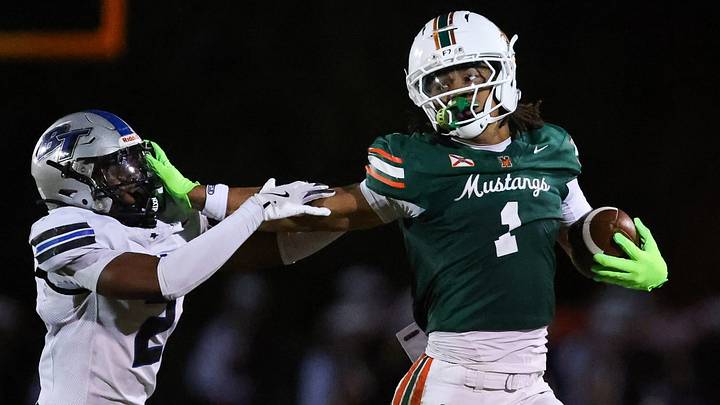 Mandarin Mustangs wide receiver Brysen Wright (1) pushes off Bartram Trail Bears cb wr Lincoln Scott (2) in the second quarter. The Mandarin Mustangs hosted the Bartram Trail Bears Friday, October 23, 2026 at Mandarin High School in Jacksonville, Fla.  [Doug Engle/Florida Times-Union]