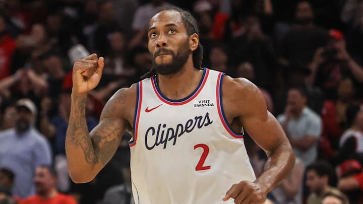Feb 11, 2026; Houston, Texas, USA; Los Angeles Clippers forward Kawhi Leonard (2) reacts to his winning basket against the Houston Rockets in the fourth quarter at Toyota Center. Mandatory Credit: Thomas Shea-Imagn Images