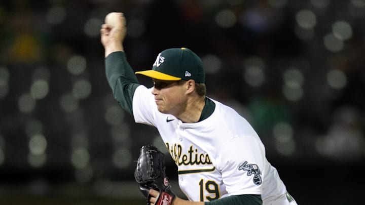 Jun 5, 2024; Oakland, California, USA; Oakland Athletics pitcher Mason Miller (19) delivers a pitch against the Seattle Mariners during the ninth inning at Oakland-Alameda County Coliseum. Mandatory Credit: D. Ross Cameron-USA TODAY Sports