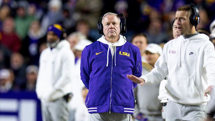 LSU Tigers head coach Brian Kelly looks on against the Oklahoma Sooners during the second quarter at Tiger Stadium. 