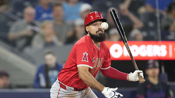 Aug 23, 2024; Toronto, Ontario, CAN; Los Angeles Angels third baseman Anthony Rendon (6) watches his ground ball against the Toronto Blue Jays during the ninth inning at Rogers Centre. Mandatory Credit: John E. Sokolowski-Imagn Images Aug 23, 2024; Toronto, Ontario, CAN; Los Angeles Angels third baseman Anthony Rendon (6) watches his ground ball against the Toronto Blue Jays during the ninth inning at Rogers Centre. Mandatory Credit: John E. Sokolowski-Imagn Images