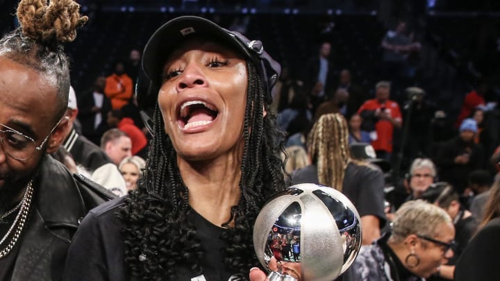 Oct 18, 2023; Brooklyn, New York, USA; Las Vegas Aces forward A'ja Wilson (22) celebrates after being named MVP of the 2023 WNBA Finals at Barclays Center. Mandatory Credit: Wendell Cruz-USA TODAY Sports
