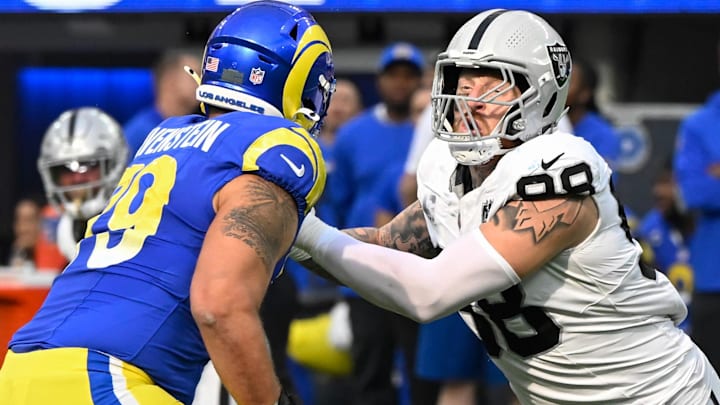 Oct 20, 2024; Inglewood, California, USA; Las Vegas Raiders defensive end Maxx Crosby (98) during the third quarter against the Los Angeles Rams at SoFi Stadium. Mandatory Credit: Robert Hanashiro-Imagn Images