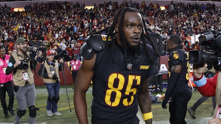 Oct 27, 2024; Landover, Maryland, USA; Washington Commanders wide receiver Noah Brown (85) celebrates after catching a game-winnning Hail Mary pass on the final play of the game against the Chicago Bears at Northwest Stadium. Mandatory Credit: Geoff Burke-Imagn Images