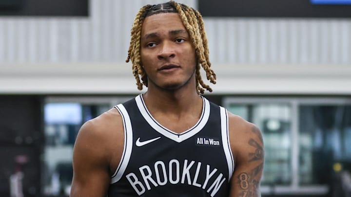 Sep 23, 2025; Brooklyn, NY, USA;  Brooklyn Nets forward Noah Clowney (21) at Media Day. Mandatory Credit: Wendell Cruz-Imagn Images