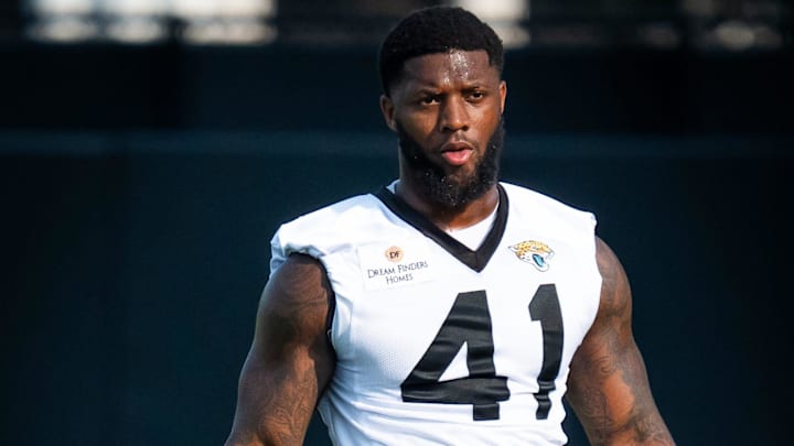 Jacksonville Jaguars defensive end Josh Hines-Allen (41) takes a breather after warmups during the seventh organized team activity at the Miller Electric Center in Jacksonville, Fla. Monday, June 2, 2025. [Doug Engle/Florida Times-Union]