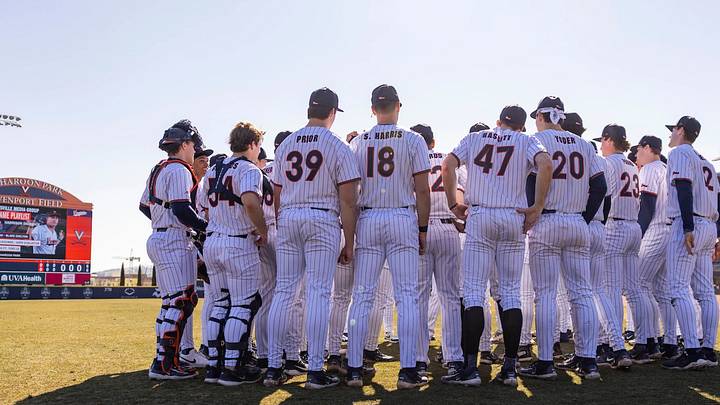 The Cavaliers huddle up at Disharoon Park. The Cavaliers huddle up at Disharoon Park.