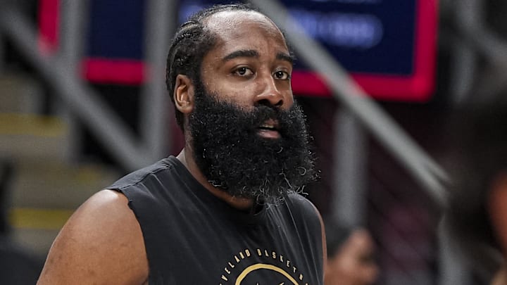Apr 10, 2026; Atlanta, Georgia, USA; Cleveland Cavaliers guard James Harden (1) shown on the court warming up before the game against the Atlanta Hawks at State Farm Arena. Mandatory Credit: Dale Zanine-Imagn Images