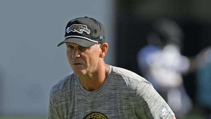 Jaguars general manager Trent Baalke watches drills during the fourth day of the NFL football training camp practice session Saturday, July 27, 2024 at EverBank Stadium's Miller Electric Center in Jacksonville, Fla. 
