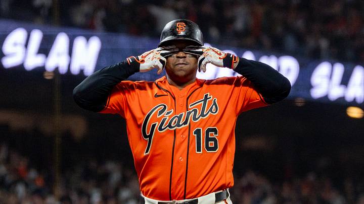 San Francisco, California, USA;  San Francisco Giants first baseman Rafael Devers (16) celebrates hitting a grand slam during the fifth inning against the San Diego Padres at Oracle Park.  Mandatory Credit: Bob Kupbens-Imagn Images