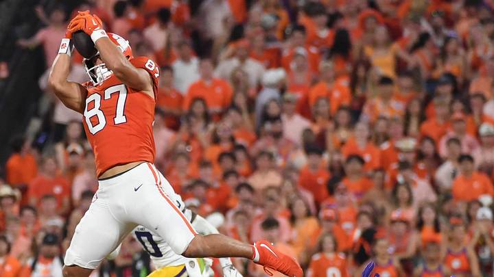 Clemson Tigers tight end Christian Bentancur (87) catches a pass while being defended by LSU Tigers safety A.J. Haulcy (13) Saturday, Aug. 30, 2025 during the NCAA football game at Memorial Stadium in Clemson, South Carolina. LSU Tigers won 17-10. Clemson Tigers tight end Christian Bentancur (87) catches a pass while being defended by LSU Tigers safety A.J. Haulcy (13) Saturday, Aug. 30, 2025 during the NCAA football game at Memorial Stadium in Clemson, South Carolina. LSU Tigers won 17-10.
