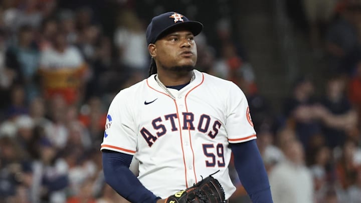 Houston Astros pitcher Framber Valdez (59) reacts before his first pitch against the New York Mets in the first inning  at Daikin Park on March 27.