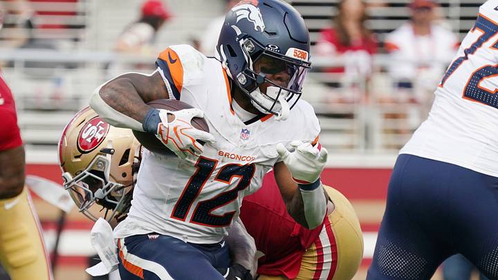 Oct 4, 2026; Santa Clara, California, USA; Denver Broncos running back RJ Harvey (12) carries the ball against the San Francisco 49ers during the second half at Levi's Stadium. Oct 4, 2026; Santa Clara, California, USA; Denver Broncos running back RJ Harvey (12) carries the ball against the San Francisco 49ers during the second half at Levi's Stadium.