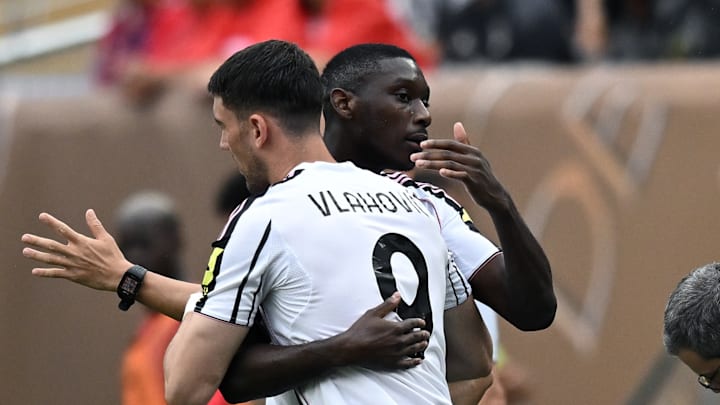 The Juventus futures of attacking duo Kolo Muani, left, and Dusan Vlahovic have still to be sorted