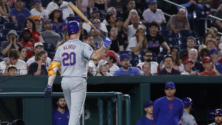 Jun 3, 2024; Washington, District of Columbia, USA; New York Mets first base Pete Alonso (20) reacts after being called out on an automatic strike against the Washington Nationals to end the top half of the eighth inning at Nationals Park.